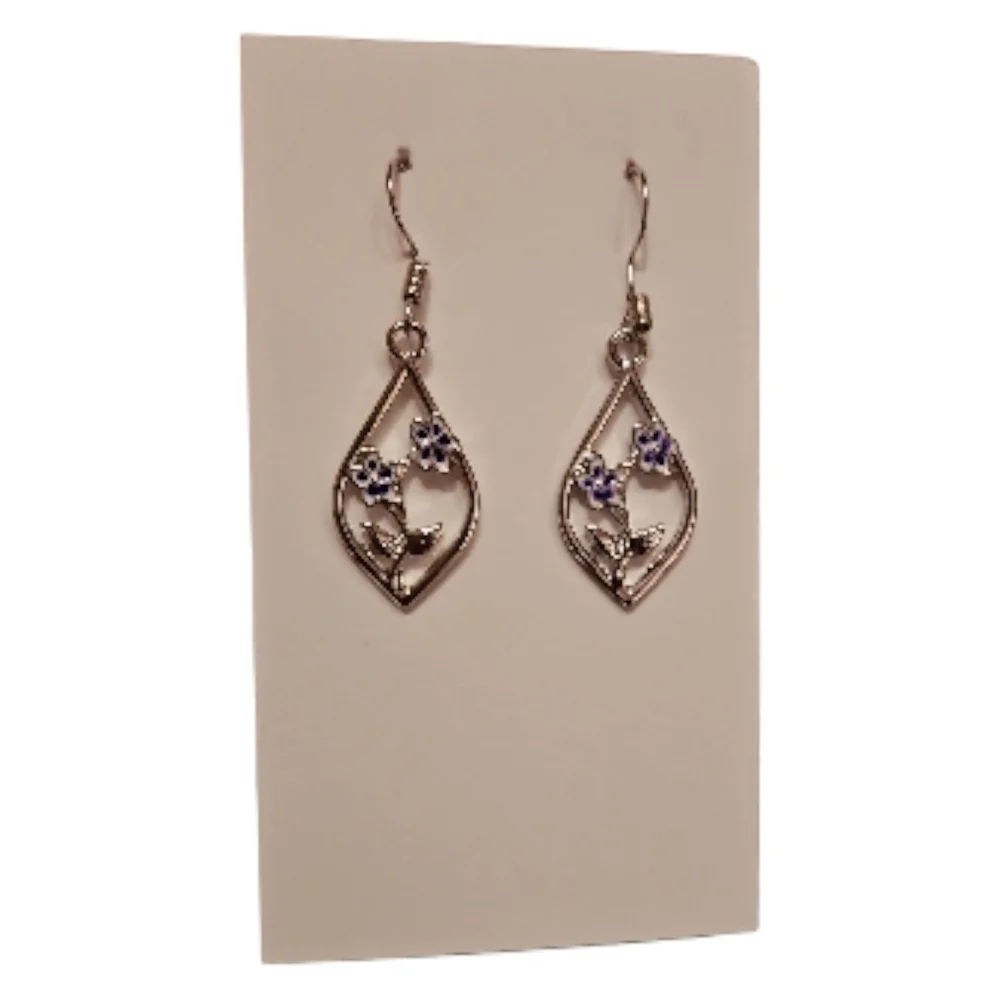Silver and Purple Floral Teardrop Shaped Earrings